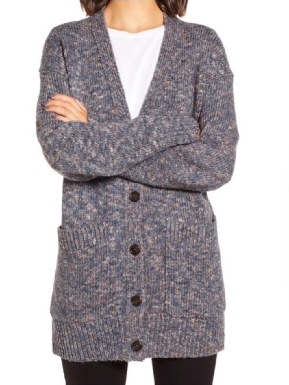 J.Crew Point Sur Patch Pocket Cardigan Womens M Marled Heather Blue Knit Sweater